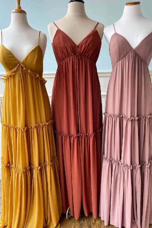 Elegant Straps High Waist Long Bridesmaid Dress with Ruffles Floral Print girly