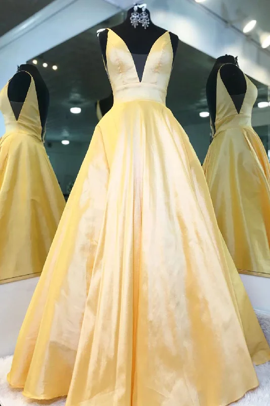 Elegant V Neck Yellow Satin Long Prom Dress with Empire Waist Tunics Stylish elegant Elegant V Neck Yellow Satin Long Prom Dress with Empire Waist Tunics Stylish elegant