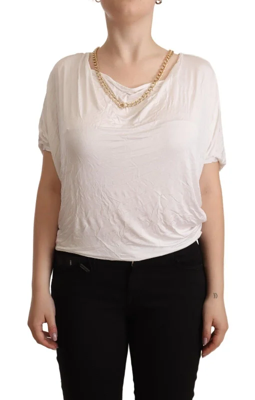 Elegant White Gold Chain T-Shirt Top Denim Fabric Leather Fabric Suede Fabric