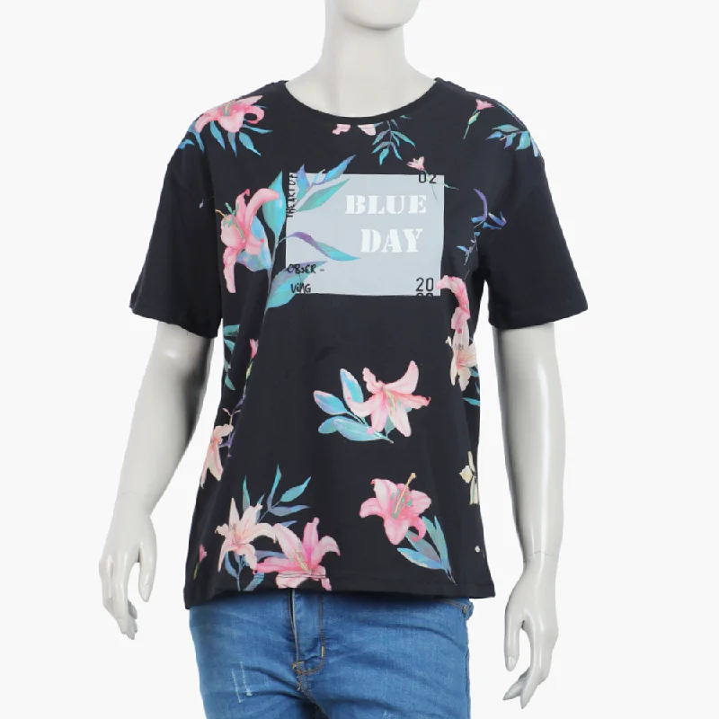 Eminent Women's Half Sleeves Printed T-Shirt - Black Fashionable Trendy Casual