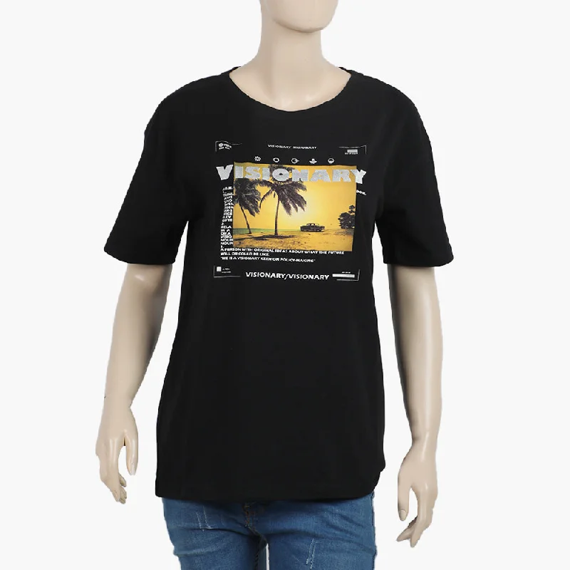 Eminent Women's Half Sleeves Printed T-Shirt - Black Collared T-Shirt Boat Neck A-Line