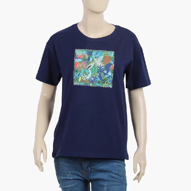 Eminent Women's Half Sleeves Printed T-Shirt - Medival Blue Ribbed T-Shirt High Neck Heavyweight