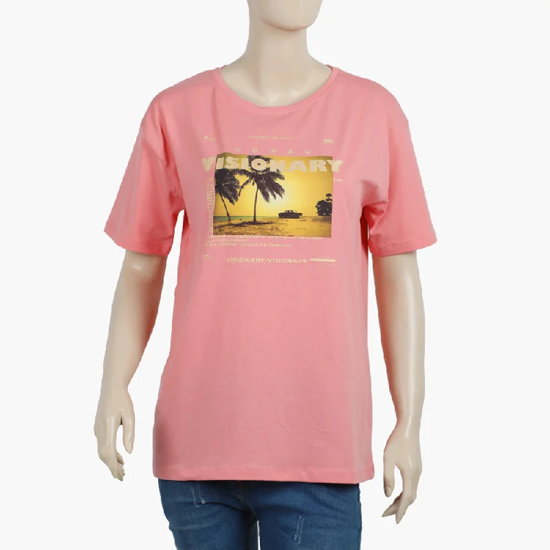 Eminent Women's Half Sleeves Printed T-Shirt - Pink Solid Color Striped Floral