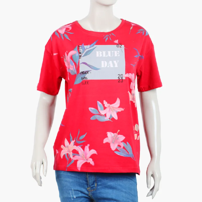Eminent Women's Half Sleeves Printed T-Shirt - Red Real Fur Shearling Chenille