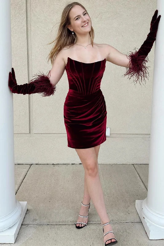 Fitted Burgundy Velvet Homecoming Dress with Feathered Gloves Tunics New arrival
