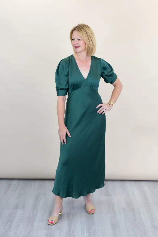 Forrest Green V-neck Long Dress with Puff Sleeve Tunics Versatile stylish