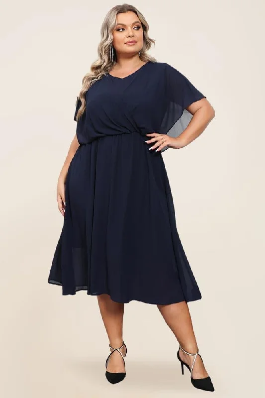 HN Women Plus Size Chiffon Dress Cape Sleeve V-Neck Elastic Waist A-Line Dress Tunics Trendy modern