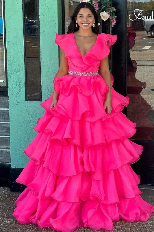 Hot Pink V-Neck Ruffle Tiered Long Prom Dress with Beaded Waist Tunics Luxurious high-end Hot Pink V-Neck Ruffle Tiered Long Prom Dress with Beaded Waist Tunics Luxurious high-end
