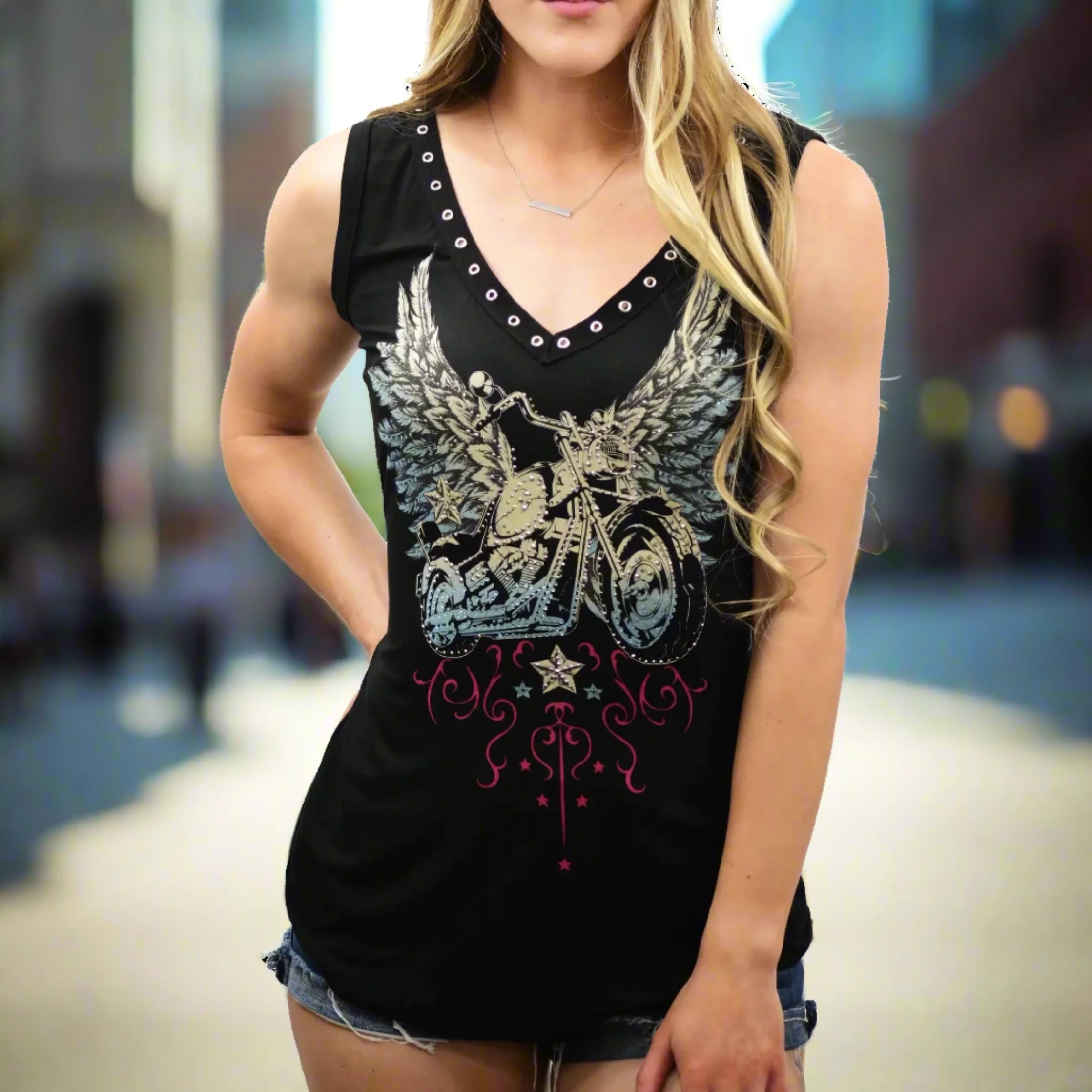 Liberty Wear Women's Bike and Wings T-Shirt Mesh Blend Leather Blend Suede Blend