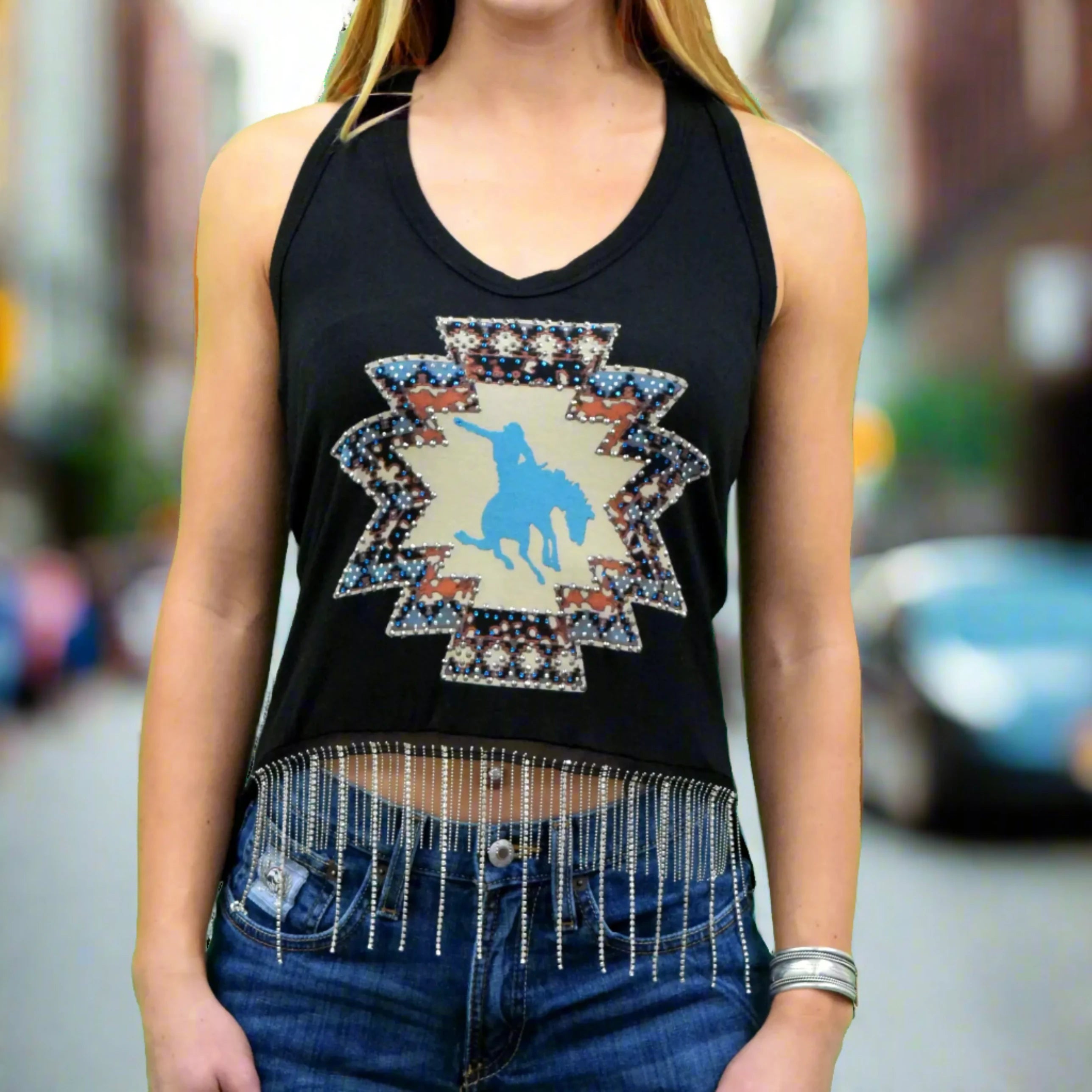 Liberty Wear Women's Rider Up T-Shirt Beaded Sequined Faux Fur