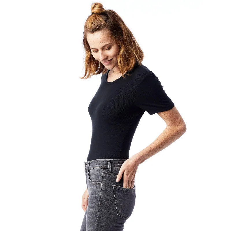 Mia Slinky Rib Crew T-Shirt (Black) Satin Blend Silk Blend Wool Blend