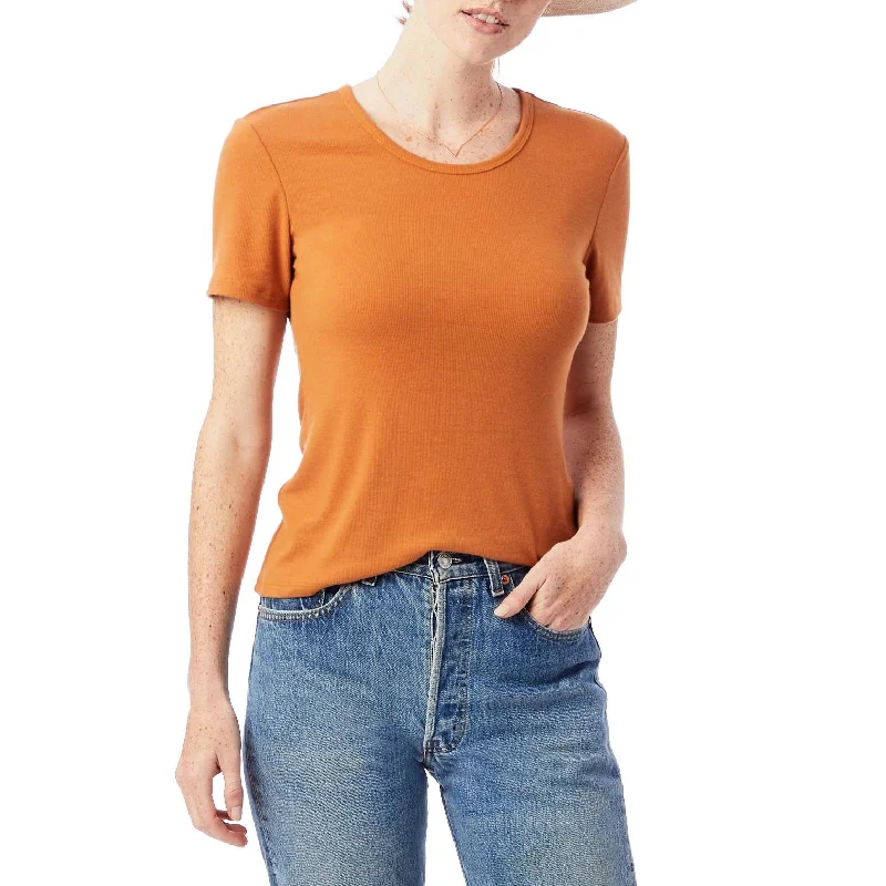 Mia Slinky Rib Crew T-Shirt (Bronze) Satin Blend Silk Blend Wool Blend