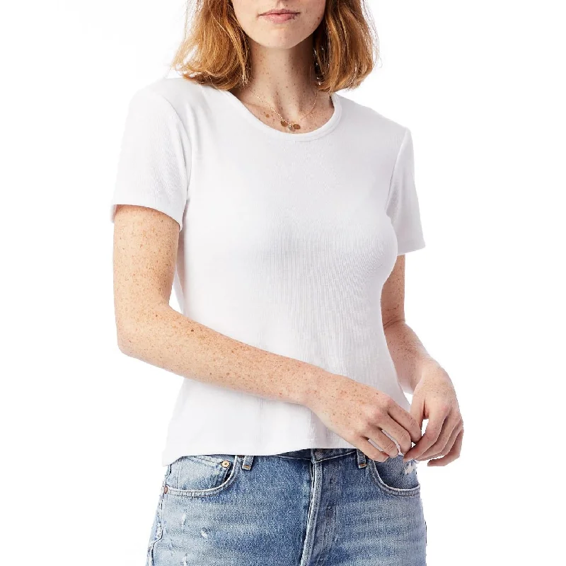 Mia Slinky Rib Crew T-Shirt (White) Lace Blend Ribbed Blend Corduroy Blend