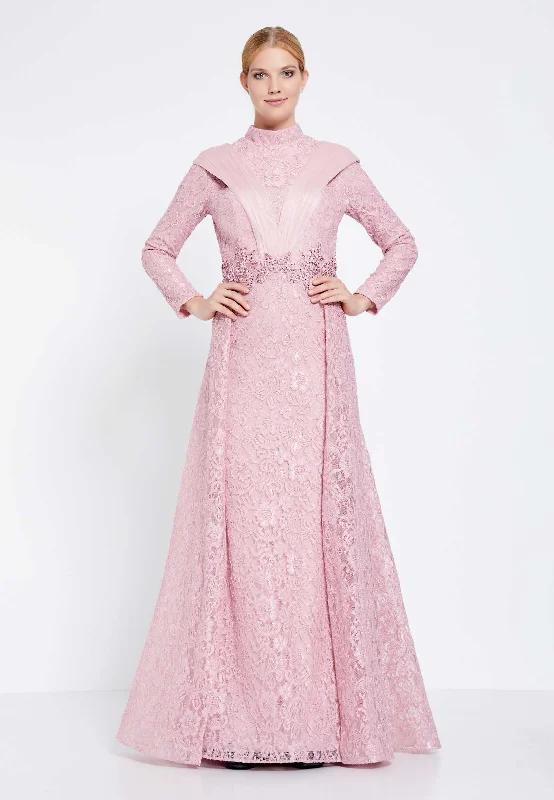 Modest Lace Full Sleeve Double Skirt Long Dress - Pink Crew Neckline Sporty