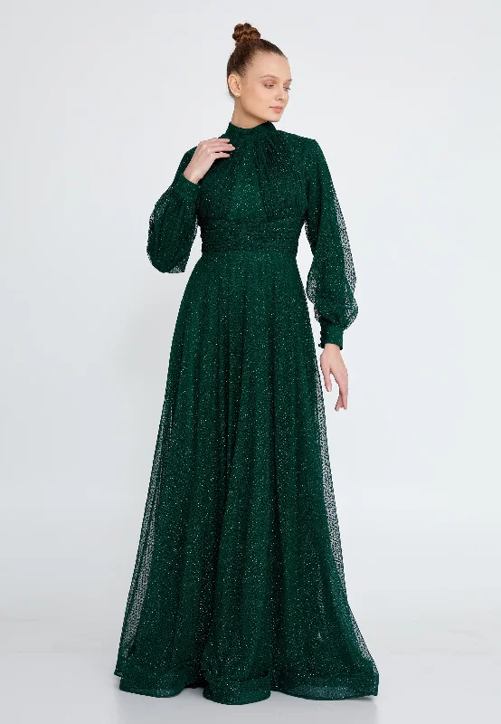Modest Long Sleeve Chiffon Glitter Long Dress - Emerald Square Neckline Feminine