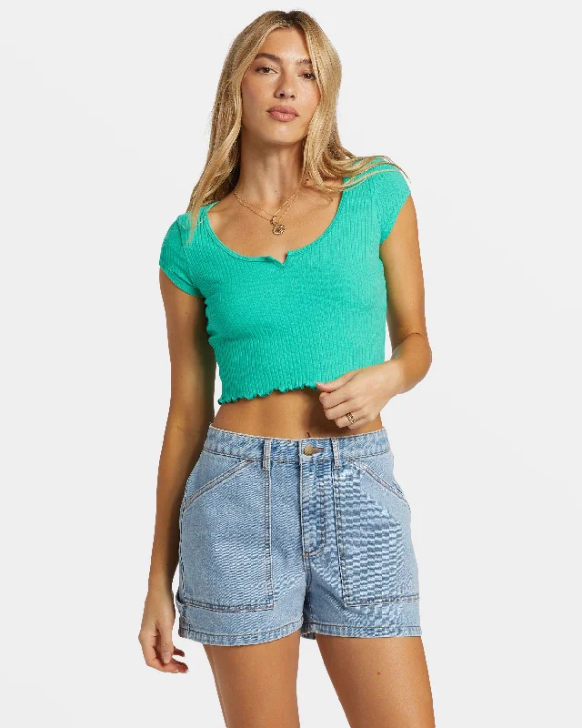 Notch Cropped T-Shirt - Tropical Green Solid Color Striped Floral