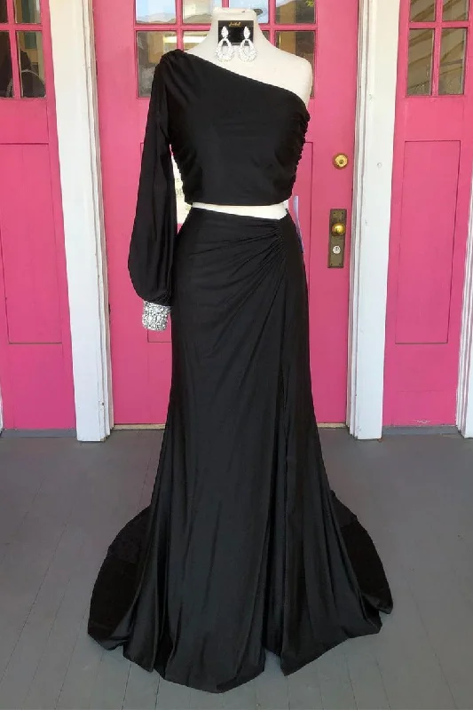 One Shoulder Black Long Dress Two Piece Prom Dress Tunics Fashionable trendy