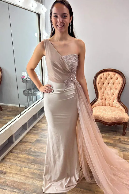 One Shoulder Nude Appliqeus Long Prom Dress with Cape Tunics Stylish modern