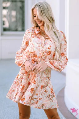 Orange Cinched Waist Floral Dress Tunics Handmade artisanal