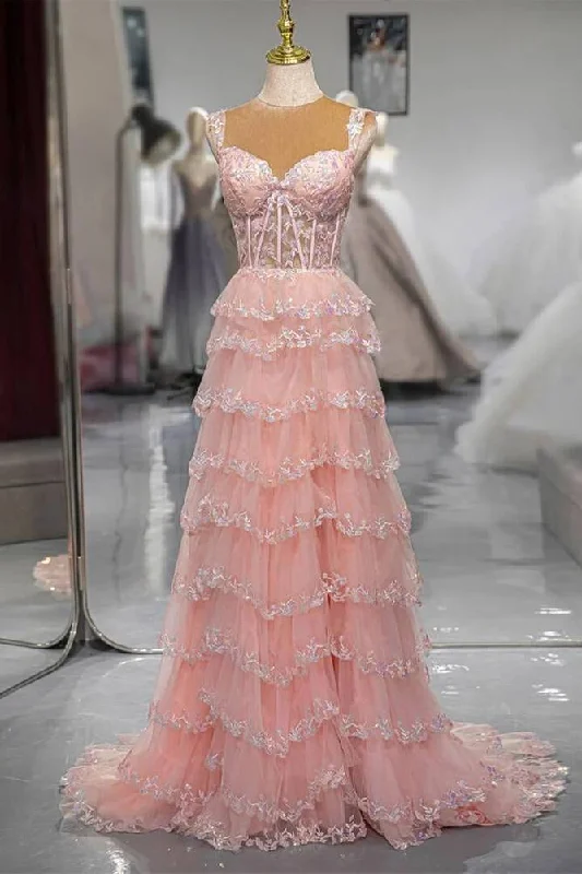Pink Sweetheart A-Line Layered Lace Long Dress with Appliques Halter Neckline Beach