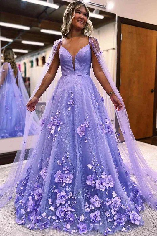 Princess Lavender 3D Flowers Tulle Formal Dress with Cape Tunics Cozy soft