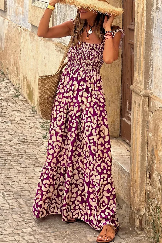 Rose Leopard Ruffle Straps Smocked High Waist Long Dress Tunics Bestseller popular