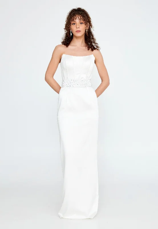 Satin Strapless Long Dress with Belt - White empire Waist empire