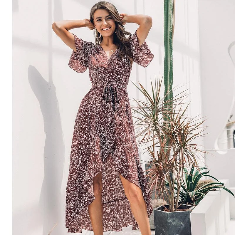 Lace Up Leopard Print Long Dress V Neck Short Sleeve With Dots Tunics Corduroy durable