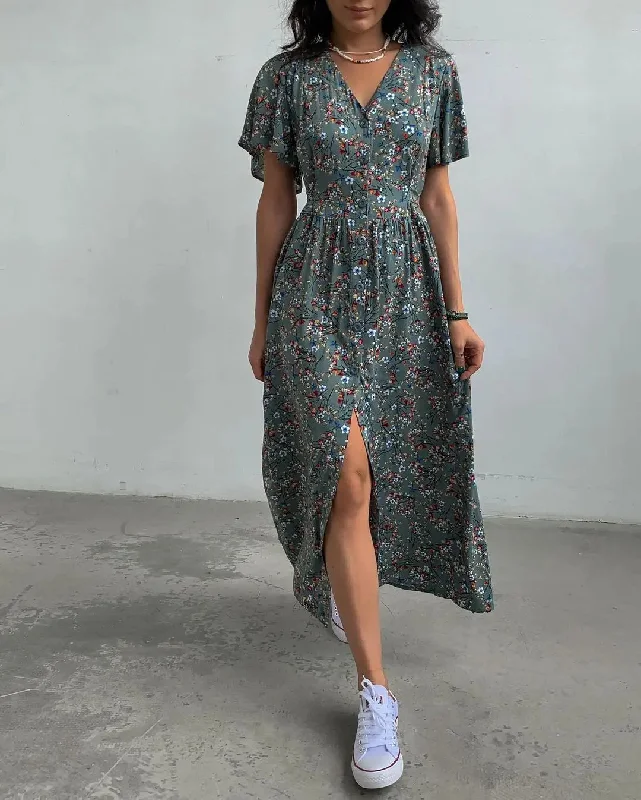 Split Waist Floral Dress Turtleneck Neckline Stylish