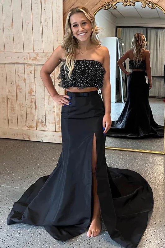 Two piece Black Strapless Mermaid Satin Long Dress Tunics Stylish elegant
