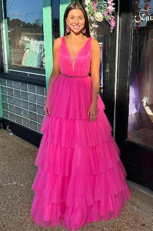 V-Neck Hot Pink Beaded Waist Tulle Long Prom Dress Tunics Sophisticated sleek