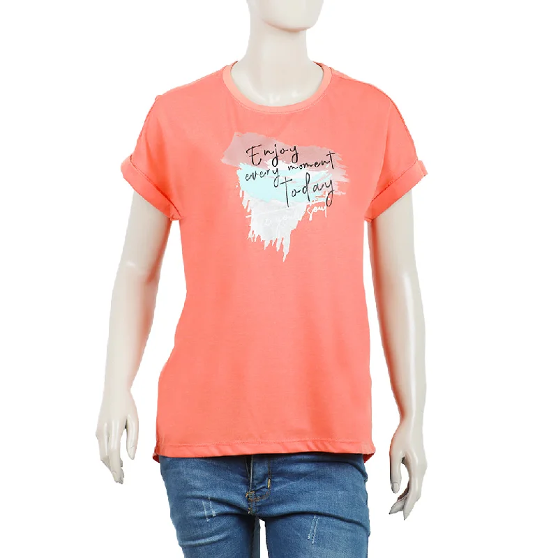 Women's Half Sleeves Printed T-Shirt - Dark Pink Basic T-Shirt Crew Neck Short Sleeve