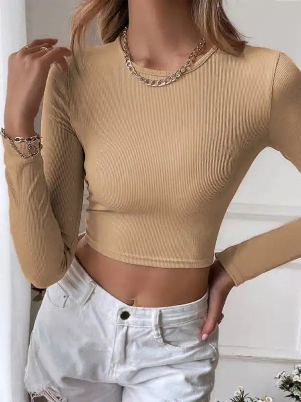 Women’s Knitted Sexy Backless Cropped Long Sleeve T-Shirt Boxy Fit Fitted Loose