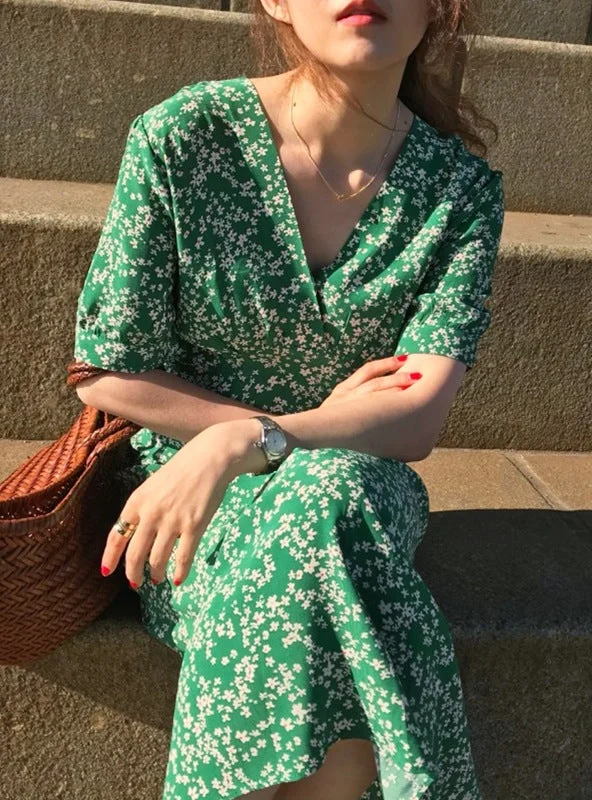 Foral Button Open Flared Long Dress Tunics Chic elegant