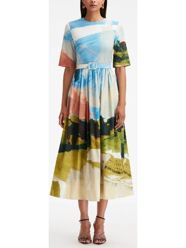 Abstract Landscape Cotton Poplin Dress Tunics Stylish elegant