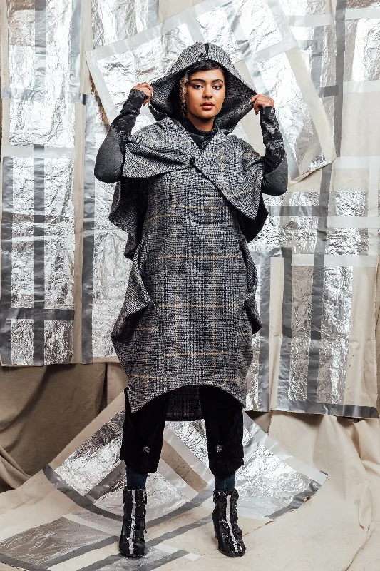 AW23 ALVIA HOODED CAPE DRESS - GRAPHITE PLAID Shift Classic Vintage