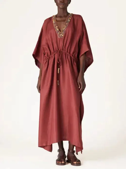 Beaded V-Neck Drawstring-Waist Kaftan Dress Tunics Practical durable