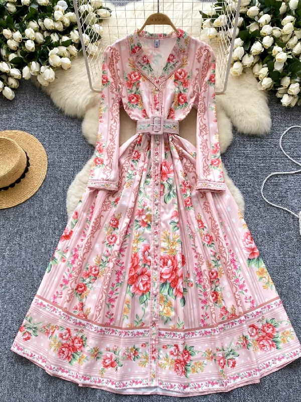 Belted Waist Floral Long Dress Tunics Plaid country