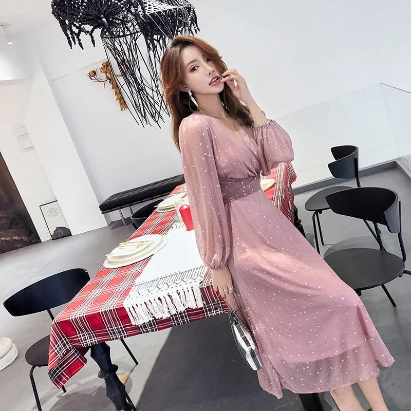BGTEEVER Elegant V-neck Polka Dot Slim Waist Women Dress Tunics Mesh breathable
