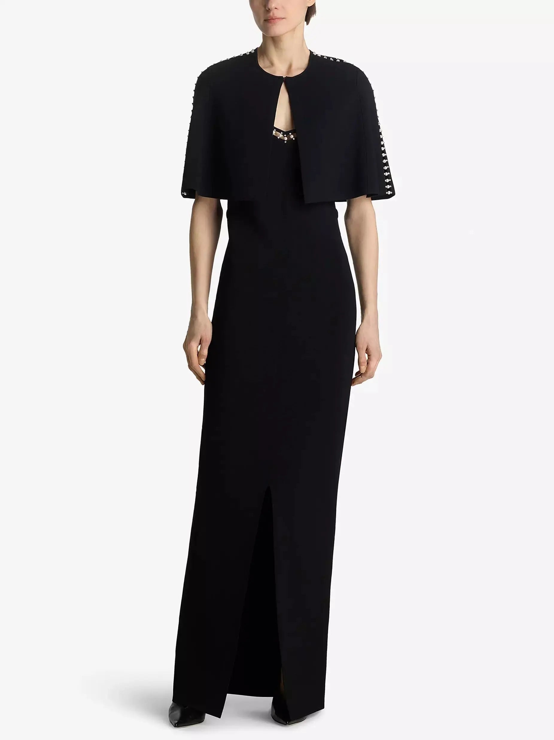 Black Long Embellished V-Neck Dress with Matching Cape Tunics Fashionable chic