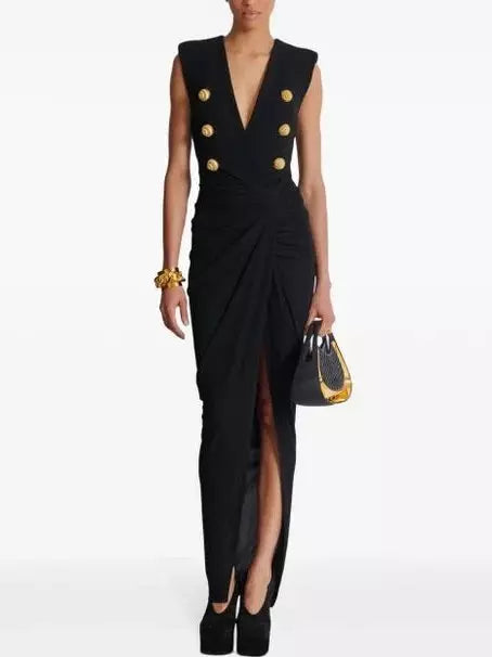 Black Tailored Ruched Long Dress Casual Short Summer