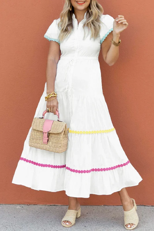 Blue Zone Planet | White Colorblock Rickrack Trim Short Sleeve Drawstring Waist Long Dress Halter Neckline Beach Blue Zone Planet | White Colorblock Rickrack Trim Short Sleeve Drawstring Waist Long Dress Halter Neckline Beach