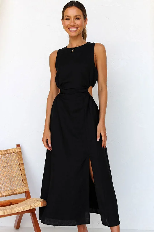 Cool Crew Neck Ruched Cutout Waist Split Midi Summer Sundress - Black Tunics Designer luxury Cool Crew Neck Ruched Cutout Waist Split Midi Summer Sundress - Black Tunics Designer luxury