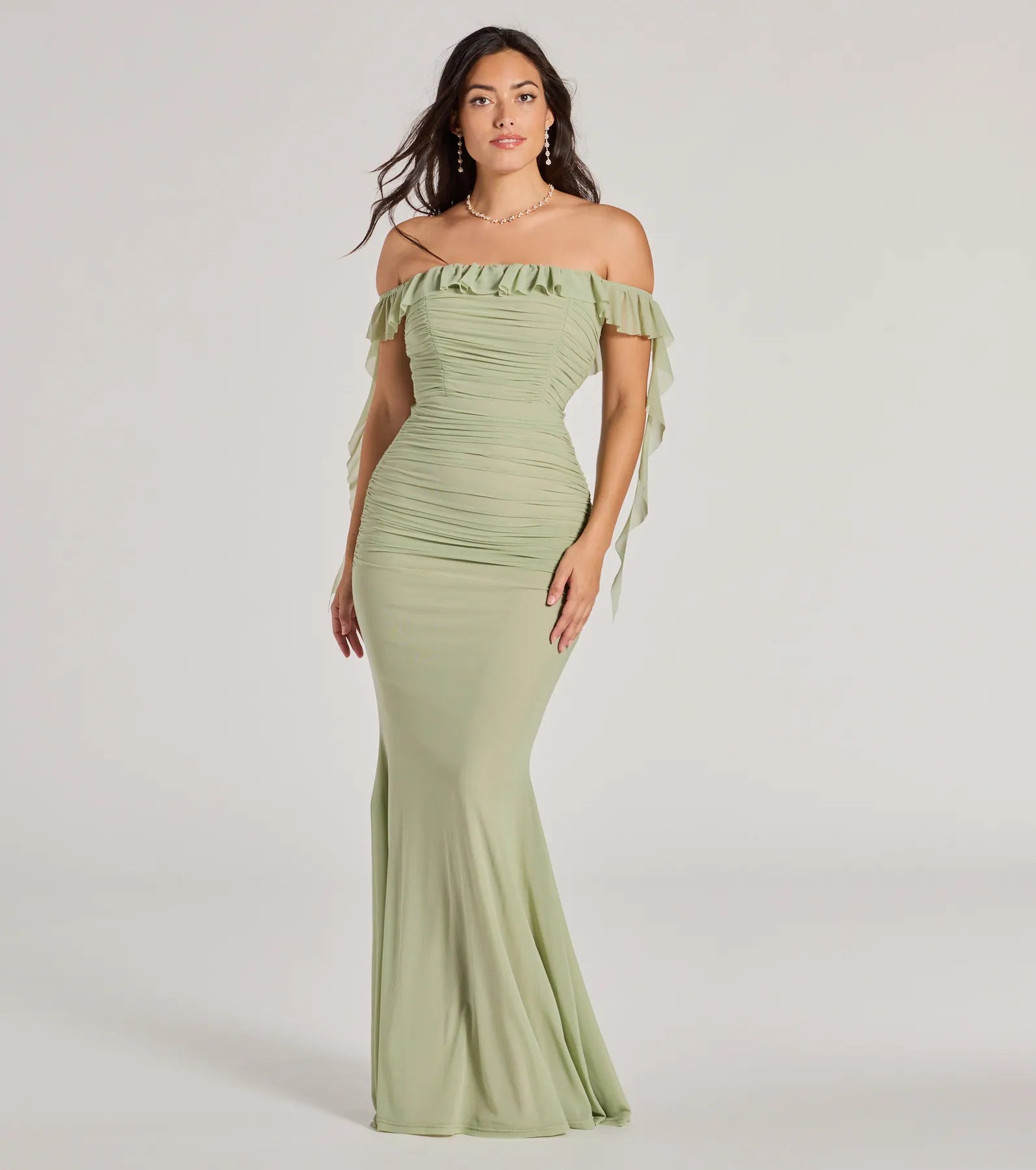 Deyna Formal Mesh Off-The-Shoulder Long Dress Tunics Solid Classic