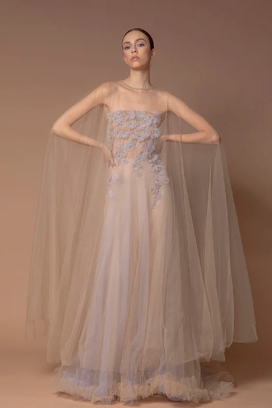 Floral detailed tulle dress with cape Tunics Winter warm