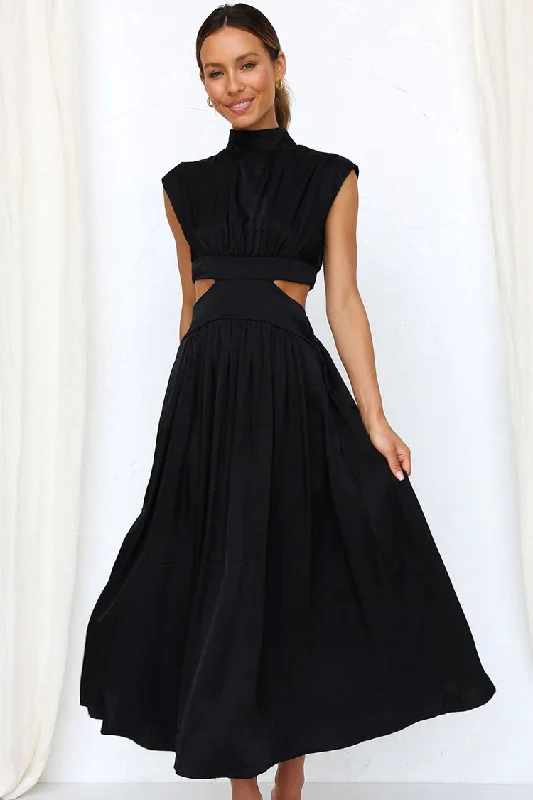 Flowy High Neck Ruched Trim Cutout Waist Summer Midi Sundress - Black Tunic Top Casual Flowy High Neck Ruched Trim Cutout Waist Summer Midi Sundress - Black Tunic Top Casual