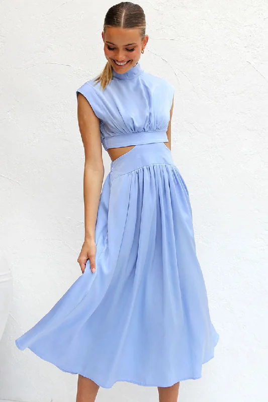 Flowy High Neck Ruched Trim Cutout Waist Summer Midi Sundress - Light Blue Tunics Long Elegant Flowy High Neck Ruched Trim Cutout Waist Summer Midi Sundress - Light Blue Tunics Long Elegant