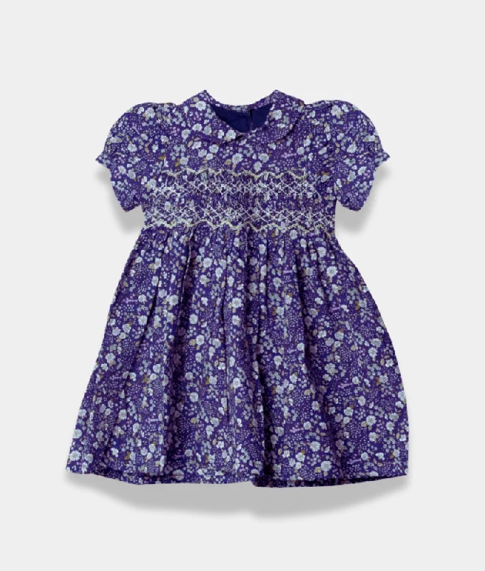 Girls Midnight Blue Smocked Charm Collared Dress Tunics Cozy comfortable