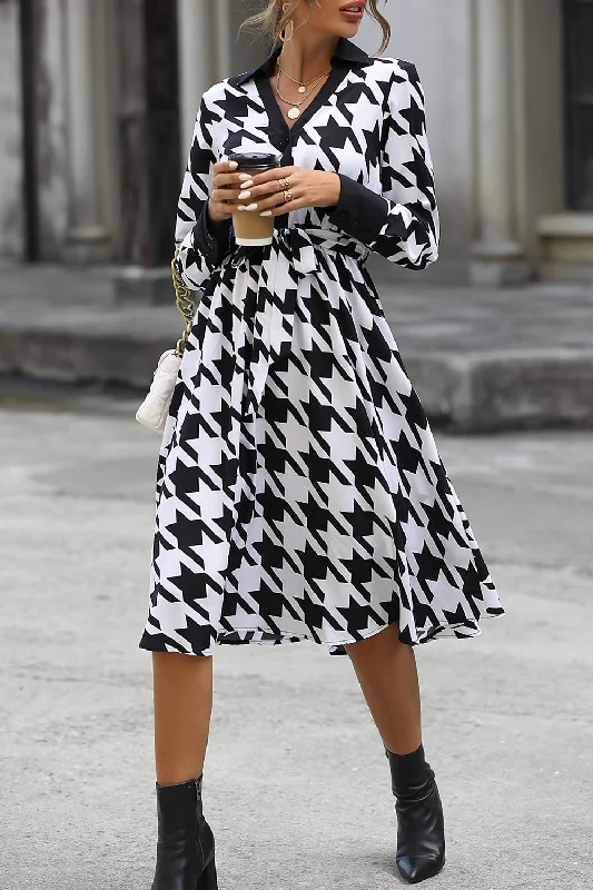 Houndstooth Johnny Collar Tie Waist Dress Tunics Trousers formal