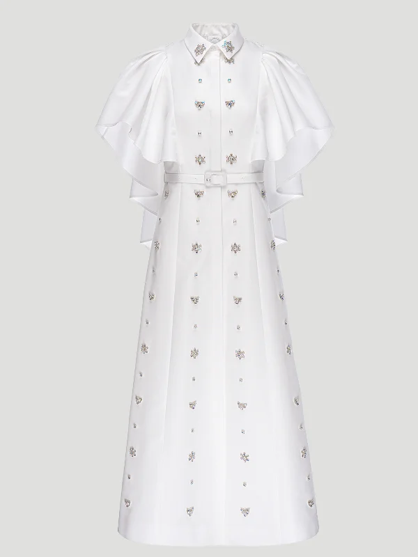Maira Belted Embellished Shirt Dress with Cape Detail Off-the-shoulder Chic Trendy